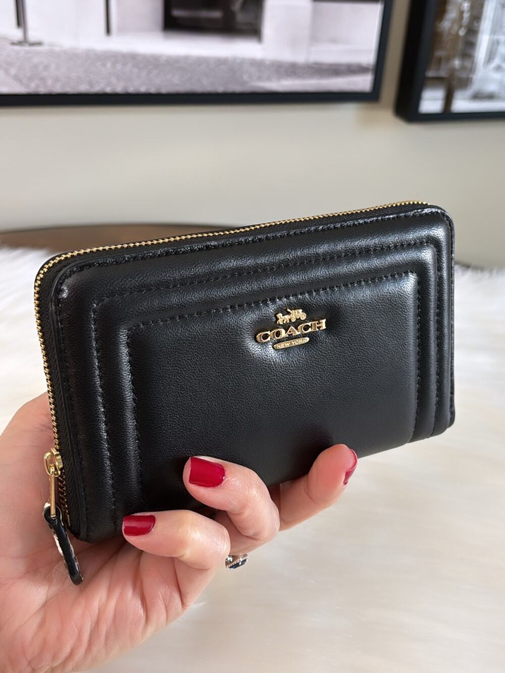 Coach Black Leather Quilted Zip-Around Wallet with Gold Logo